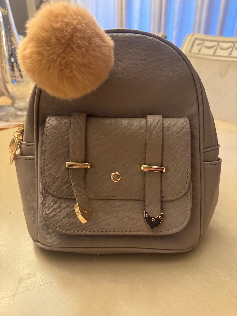 Women’s Taupe Mini Backpack with Gold Accents